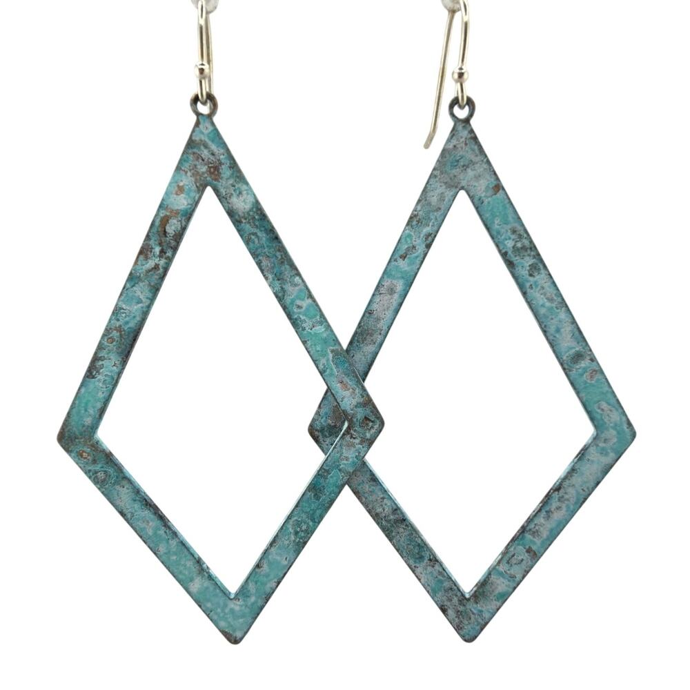 NEW Artisan Handcrafted Diamond Shape Patina Metal Dangle Earrings